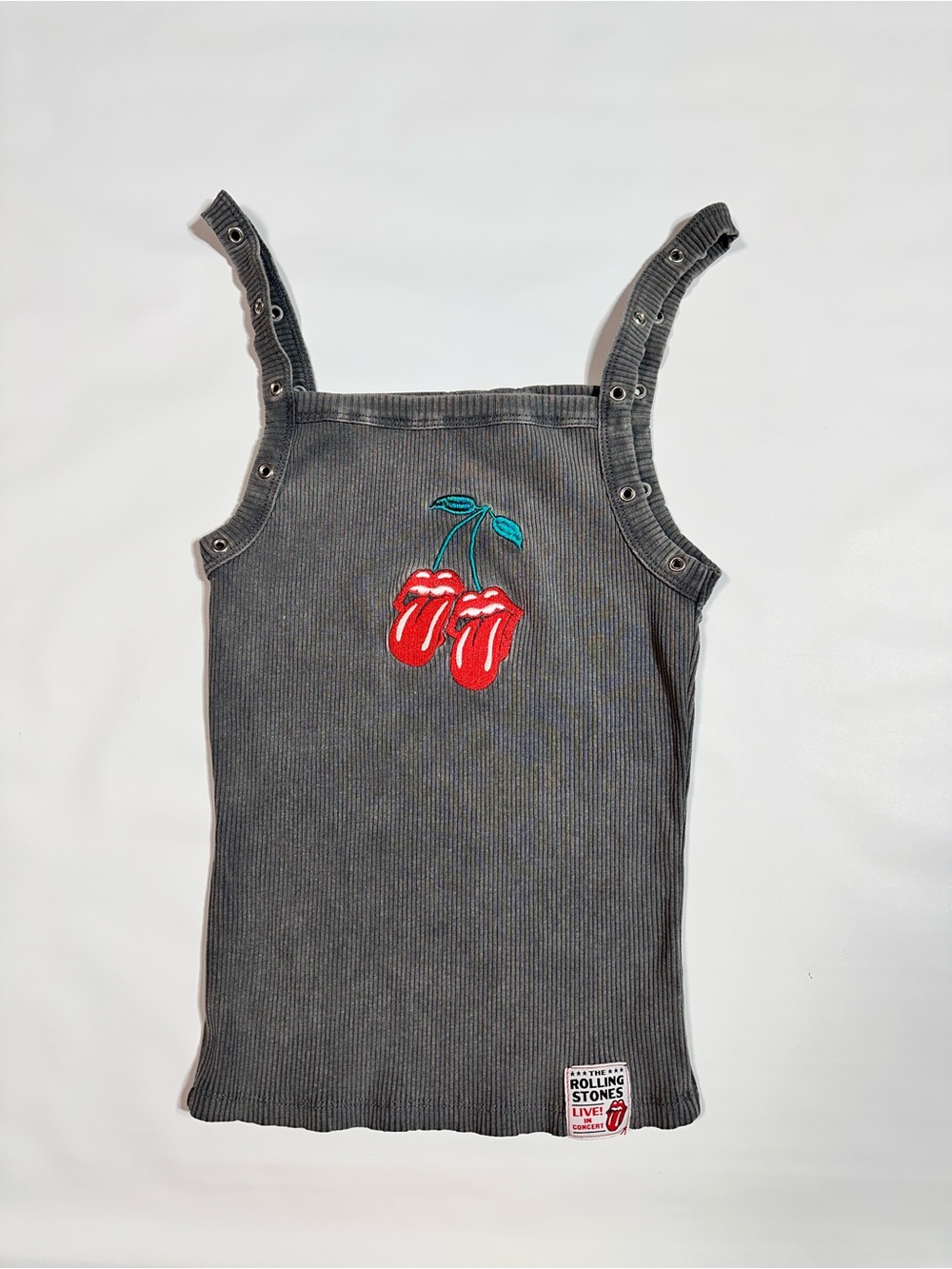 the Rolling Stones Kids Gray Ribbed Tank with Red Cherry Patch